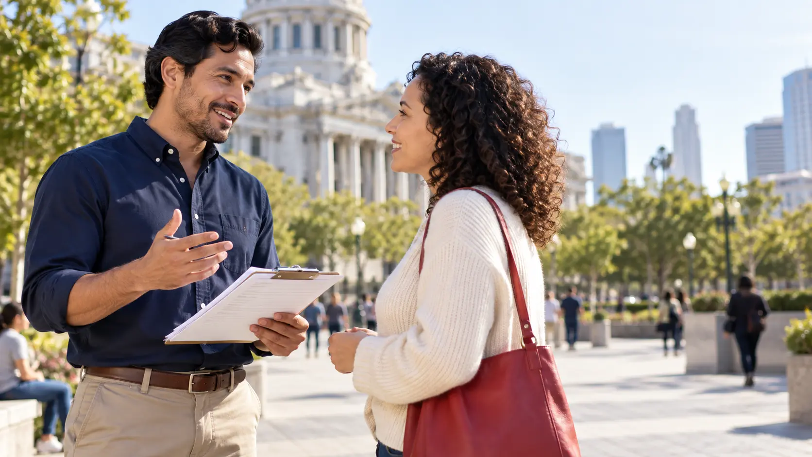 A petition circulator speaking with a voter in a public plaza